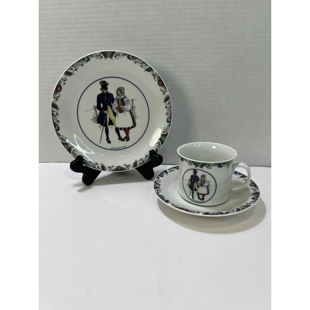 RÖRSTRAND Sweden GÄSTRIKLAND Folk Dress Design Cup, Saucer, 6 5/8